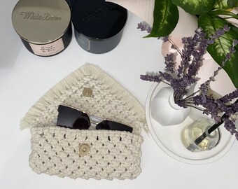 Macrame Glasses Case, Handmade Macrame Bag, Macrame Mini Handbag, Handmade Sunglasses Case Beige