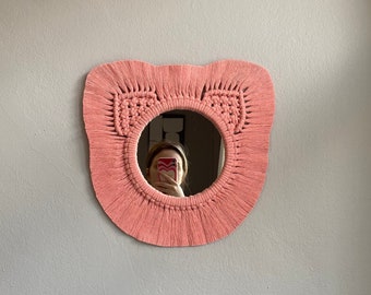 Handmade Pink Macrame Mirror, Boho Baby Room Decor, Woven Wall Hanging, Macrame Wreath Mirror, Baby Girl Gift,