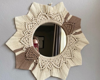 Handmade Macrame Beige and Brown Mirror Wall Decor, Woven Wall Hanging, Macrame Wreath Mirror