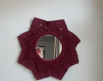 Handmade Macrame Burgundy Mirror Wall Decor, Woven Wall Hanging, Macrame Wreath Mirror