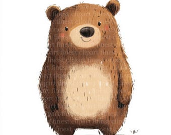 11 imágenes prediseñadas de oso pardo de dibujos animados en acuarela, JPG, lindo animal del bosque sonriente, fondo blanco, descarga digital, uso comercial