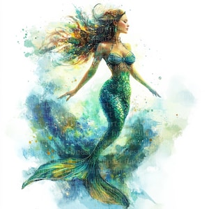 10 Swimming Mermaid Watercolor Clipart, JPG with White Background, Digital Download, Commercial Use
