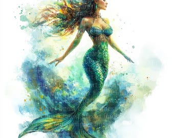 10 Swimming Mermaid Watercolor Clipart, JPG with White Background, Digital Download, Commercial Use