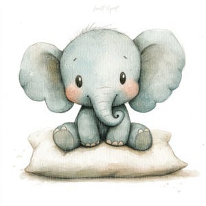 10 schattige baby cartoon olifant aquarel clipart, JPG witte achtergrond, olifanten op kussen, digitale download, commercieel gebruik, junk Journal