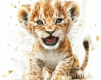 10 Cute Lion Baby Watercolor Clipart, Safari Baby JPG, White Background, Digital Download, Commercial Use