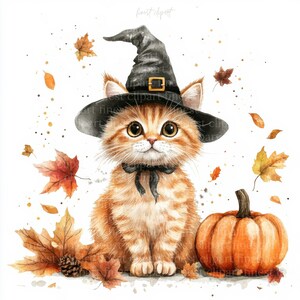 10 mignon chat d'Halloween avec chapeau et citrouille aquarelle Clipart, JPG avec fond blanc, téléchargement numérique, usage commercial, Junk Journal
