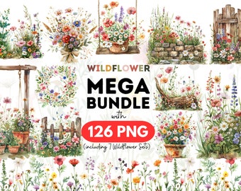 Wildflower Clipart Mega Bundle - 126 PNG Files, Watercolor Flower Borders, Wreaths, and Arrangements - Digital Download, Commercial Use