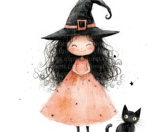 10 graziose streghe con gatto acquerello clipart, JPG, immagini di Halloween con sfondo bianco, download digitale, uso commerciale, diario spazzatura