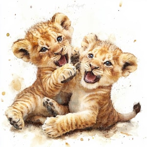 15 schattige spelende leeuw baby's aquarel clipart, jpg met witte achtergrond, digitale download, commercieel gebruik