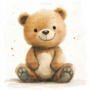 10 clipart fofo de ursinho de pelúcia sentado em aquarela, feliz, triste, JPG com fundo branco, download digital, uso comercial