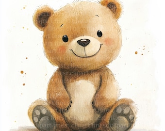 10 lindo sentado oso de peluche acuarela clipart, feliz, triste