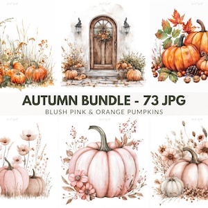 73 JPG Autumn Bundle Akwarela Clipart, Białe Tło, Różowa Dynia, Pastelowy Dekor Święto Dziękczynienia, Pobieranie Cyfrowe, Użytek Komercyjny