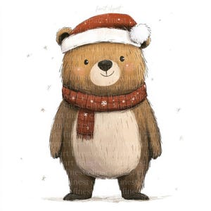 11 Desenhos animados de urso marrom de Natal em clipart JPG, fundo branco, animal da floresta em aquarela, chapéu de Papai Noel, download digital, uso comercial