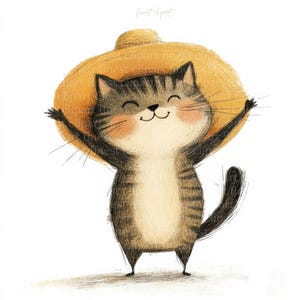 10 Dancing Cartoon Cat JPG Clipart Images - Happy Watercolor Cats with Sun Hats, White Background, Digital Download, Commercial Use