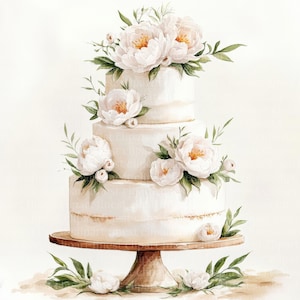 10 weiße Hochzeitstorte Aquarell Clipart, JPG auf weißem Hintergrund, Kuchen mit Pfingstrosen, digitaler Download, kommerzielle Nutzung, Junk Journal