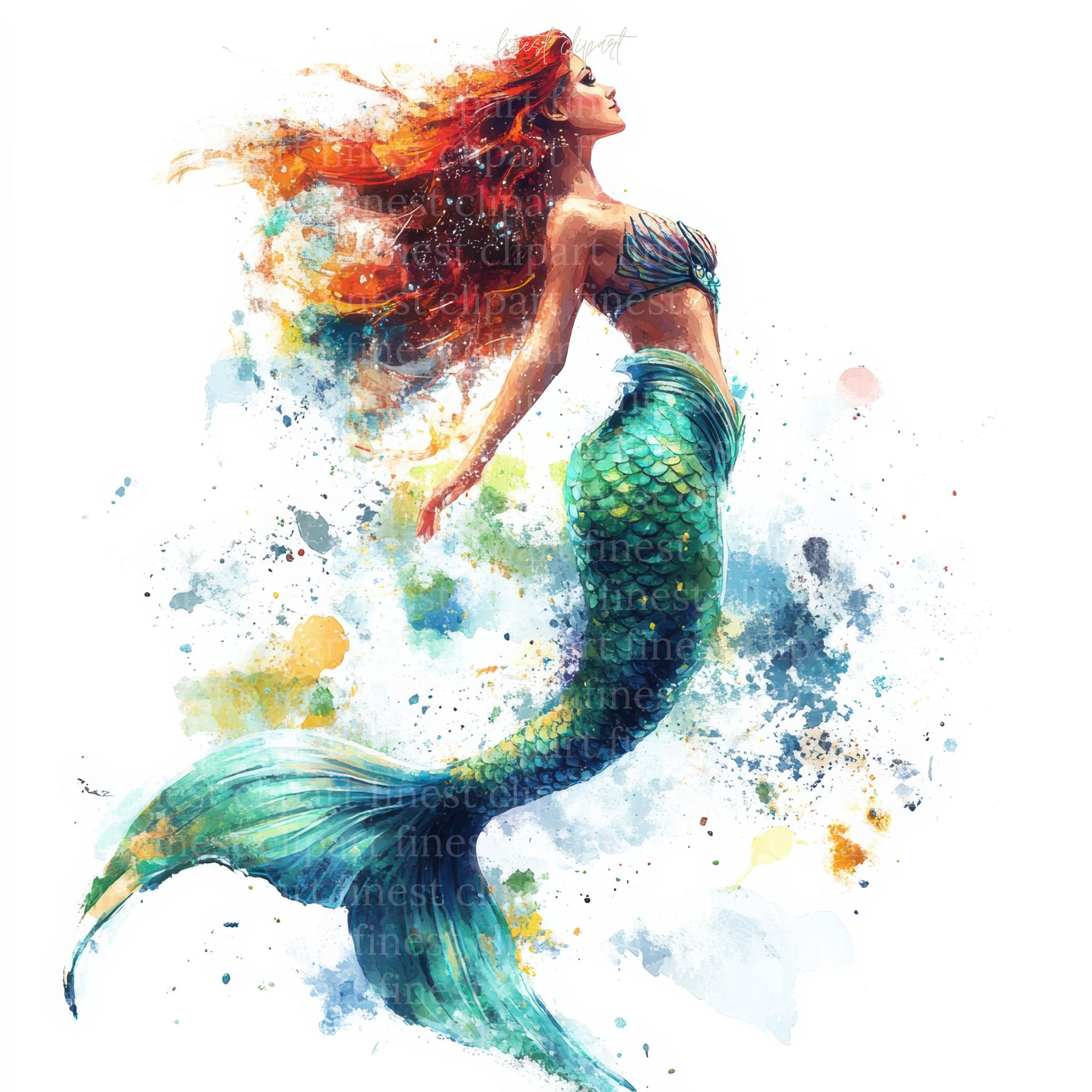 11 個のカラフルな人魚の水彩画のクリップアート、泳ぐ人魚、白い背景