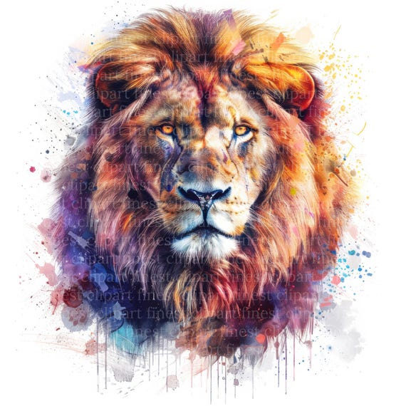 12 ライオンのポートレート JPG クリップアート セット - 水彩画の