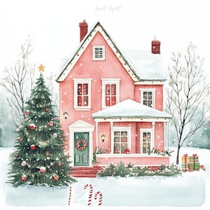 10 niedliche Blush Pink Winter Haus Aquarell Clipart, Weihnachtsbaum, JPG auf weißem Hintergrund, digitaler Download, kommerzielle Nutzung, Junk Journal