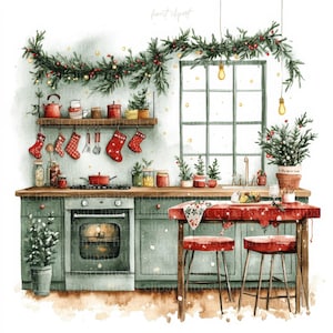 12 Clipart de aquarela de cozinha de Natal aconchegante, JPG fundo branco, dia de inverno, casa aconchegante, download digital, uso comercial, diário de lixo