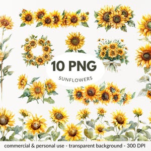 Bundle de 10 cliparts tournesols essentiels : bordures sans couture, couronne, bouquet, fleurs - Images PNG, téléchargement numérique, usage commercial