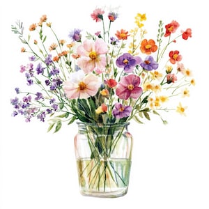 10 cliparts aquarelle bouquet de fleurs sauvages, vase en verre, JPG fond blanc, téléchargement numérique, usage Commercial