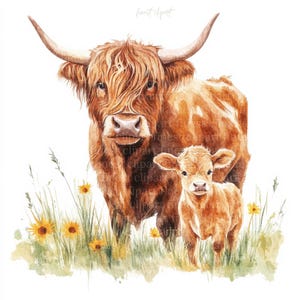 12 cliparts aquarelle famille vache Highland, JPG avec fond blanc, bébé et mère vache, téléchargement numérique, usage commercial, journal indésirable
