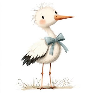 10 Clipart aquarelle dessin animé cigogne, JPG avec fond blanc, jolie cigogne avec noeud bleu, baby shower, téléchargement numérique, usage Commercial