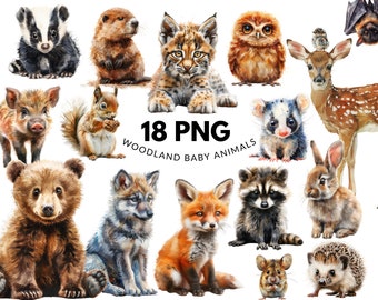 Woodland Baby Animal Clipart Set: 18 PNG Files, Naturalistic Watercolor, Cute Animals, Digital Download, Commercial Use