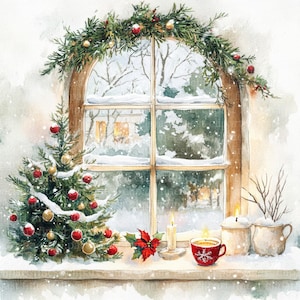 11 kerst romantisch raam uitzicht aquarel clipart, jpg op witte achtergrond, gezellige vakantie, digitale download, commercieel gebruik, junk Journal