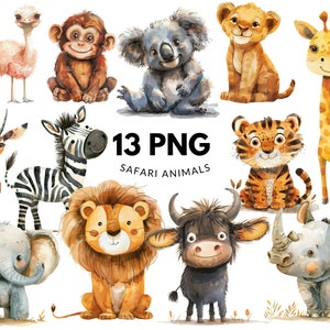 Ensemble de cliparts bébé animal Safari : 13 fichiers PNG, animaux aquarelles mignons, téléchargement numérique, usage Commercial