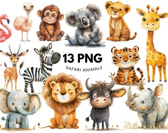 Conjunto de imágenes prediseñadas de animales de safari: 13 archivos PNG, lindos animales de acuarela, descarga digital, uso comercial