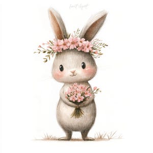12 Cartoon Osterhase mit rosa Blumen JPG Clipart Set, weißer Hintergrund, niedliche Waldtiere, Aquarell digitaler Download, kommerzielle Nutzung