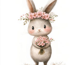 Conjunto de 12 imágenes prediseñadas de conejos de Pascua con flores rosas, fondo blanco, animales del bosque, acuarela, para uso comercial.
