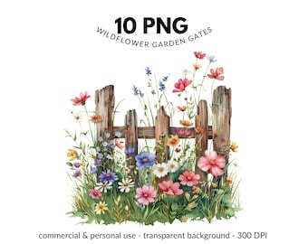 Wildflower Garden Gate Clipart Set, 10 PNG Files, Digital Download, Commercial Use, Transparent Background