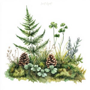 10 Clipart JPG aquarelle de lit de forêt de fougères, Images de la nature, fond blanc, téléchargement numérique, usage commercial