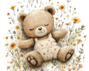11 Teddy Bear Sleeping in Meadow Watercolor Clipart, Cute Wildflower, JPG, White Background, Digital Download, Commercial Use