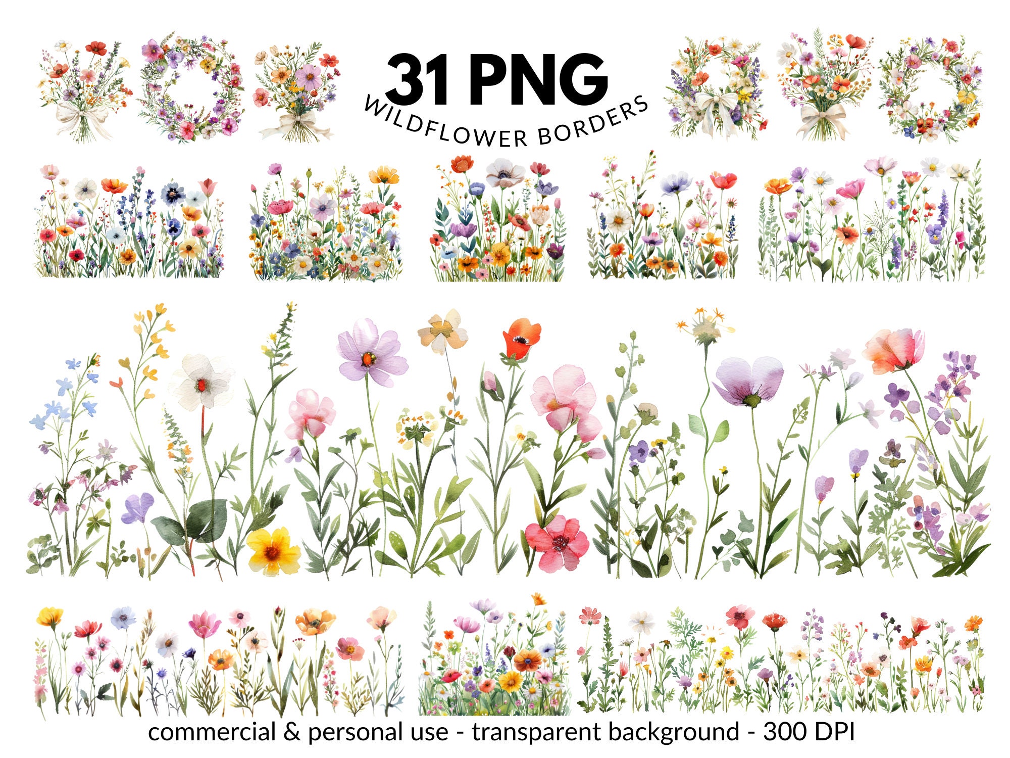 31 Wildflower Border Clipart PNG Set - Colorful Floral Wreaths and Arrangements - Digital Download, Commercial Use, Transparent Background