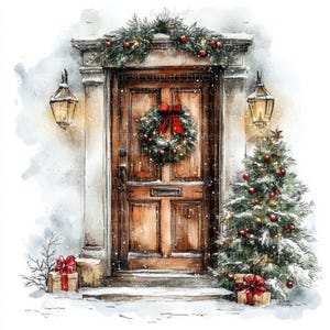 10 kerst huisdeur aquarel clipart, jpg op witte achtergrond, gezellige winterdecoratie, digitale download, commercieel gebruik, junk Journal