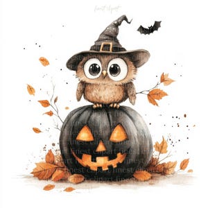 11 niedliche Halloween Eule mit Kürbis Aquarell Clipart, JPG auf weißem Hintergrund, Eule mit Hut, digitaler Download, kommerzielle Nutzung, Junk Journal
