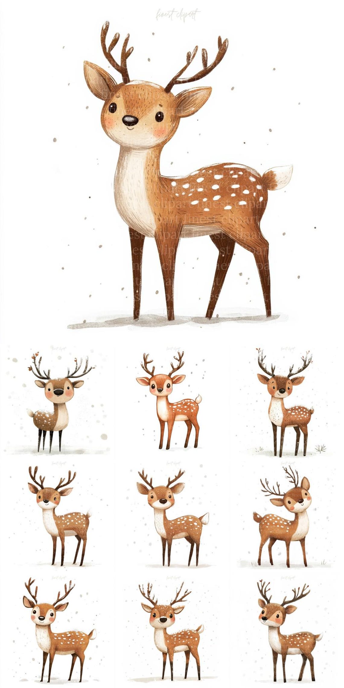 10 Cute Christmas Deer Watercolor Clipart, JPG on White Background ...
