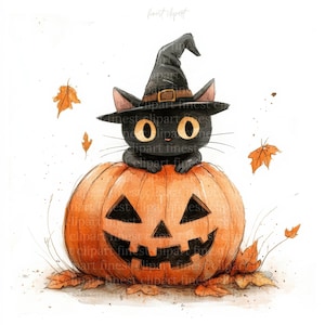 10 Cute Halloween Cat with Pumpkin Watercolor Clipart, Cat with Hat, JPG on White Background, Digital Download, Commercial Use, Junk Journal