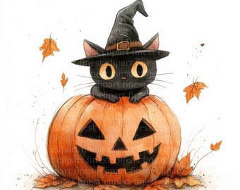 10 Cute Halloween Cat with Pumpkin Watercolor Clipart, Cat with Hat, JPG on White Background, Digital Download, Commercial Use, Junk Journal