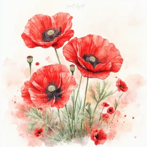 10 klaproos boeket aquarel clipart, rode klaprozen afbeeldingen, jpg op witte achtergrond, digitale download, commercieel gebruik, junk Journal