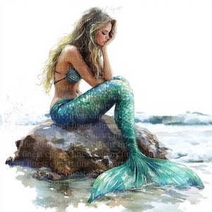 10 belle sirène assise sur un rocher aquarelle Clipart, Image JPG de l'océan, fond blanc, téléchargement numérique, usage commercial, journal indésirable