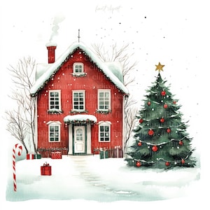 13 Clipart aquarelle mignon maison et arbre de Noël, maison rouge enneigée, maison d'hiver, JPG sur fond blanc, téléchargement numérique, Junk Journal