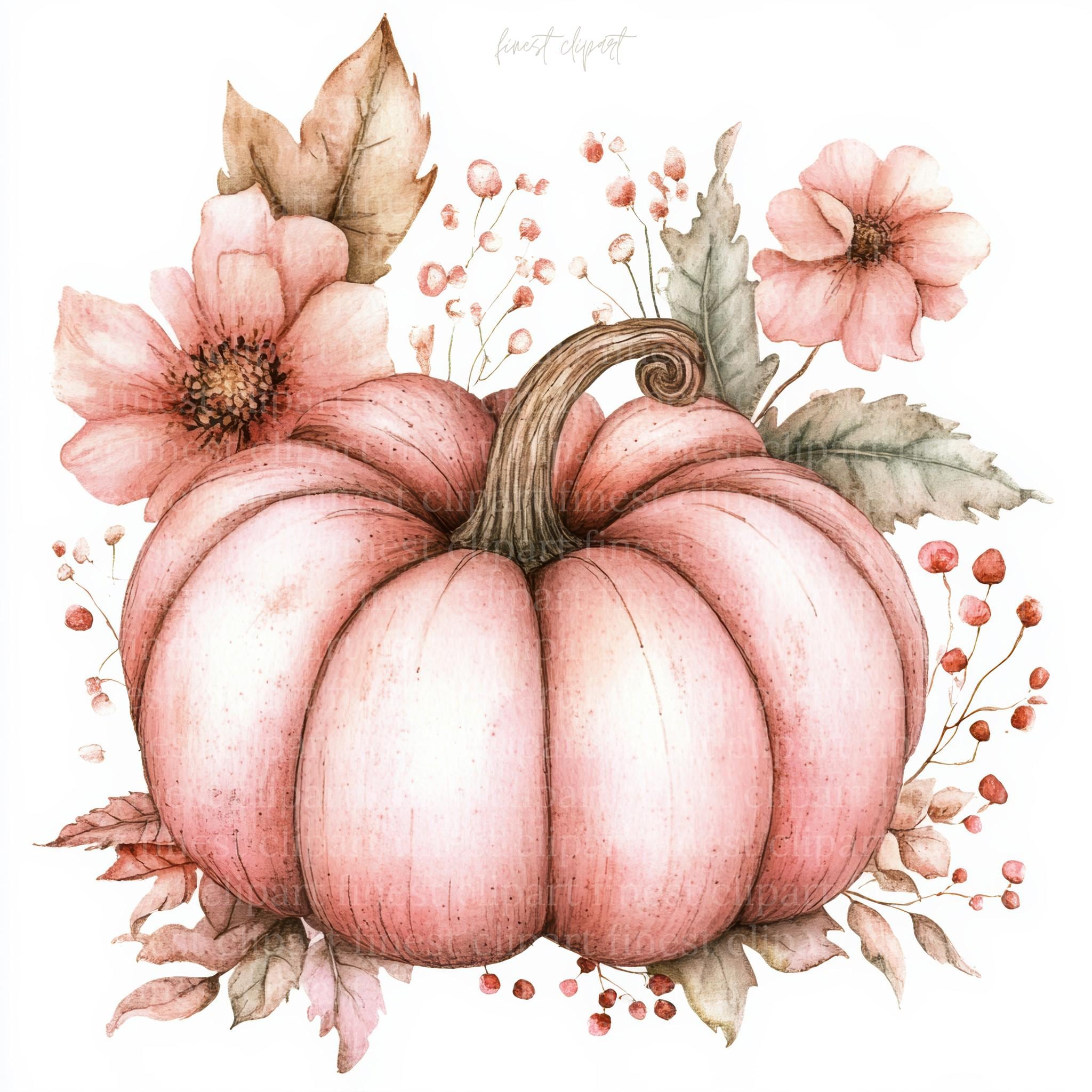 10 Blush Pink Pumpkin Watercolor Clipart JPG White Background, Autumn ...