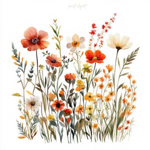 Op de afbeelding: Een aquarel schilderij van een boeket wilde bloemen in tinten oranje, geel en wit. De bloemen zijn in een losse, natuurlijke stijl gerangschikt, en de achtergrond is een zacht wit.