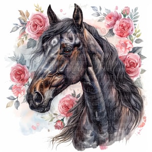 10 cheval fleurs roses Clipart JPG - aquarelle bohème portraits de tête de cheval sur fond blanc - téléchargement numérique, usage commercial