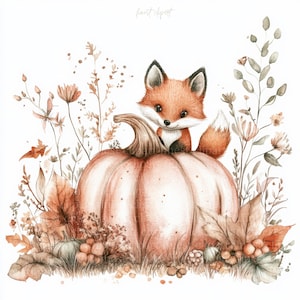 12 Herbst Kürbisse mit Baby Fuchs Aquarell Clipart, JPG Weißer Hintergrund, Herbst Dekoration, Digital Download, Kommerzielle Nutzung, Junk Journal