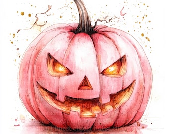 10 Pink Halloween Pumpkin Watercolor Clipart, JPG with White Background, Pumpkin with Black Hat, Digital Download, Commercial Use